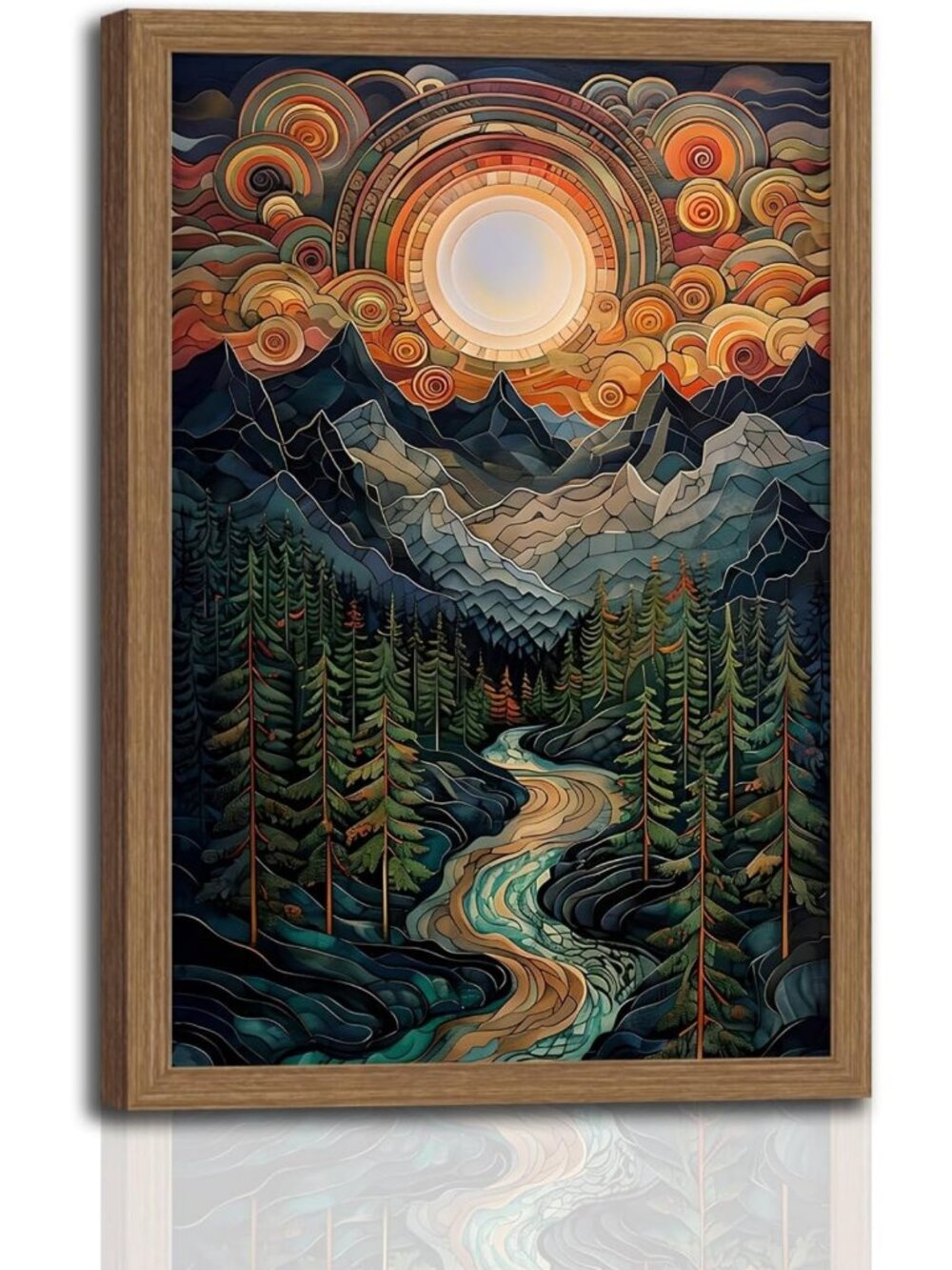 Psychedelic Mountain River Wall Art | Celestial Sun Forest Canvas Decor